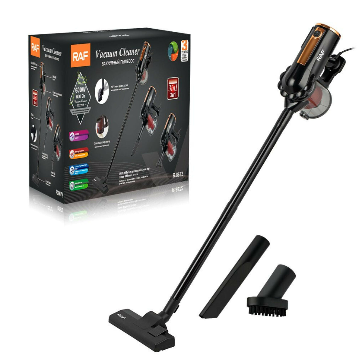 RAF Vacuum Cleaner 600W R.8672, strong suction , cyclone type 3 in 1 , Cable length 4m, Bucket capacity 500ml
