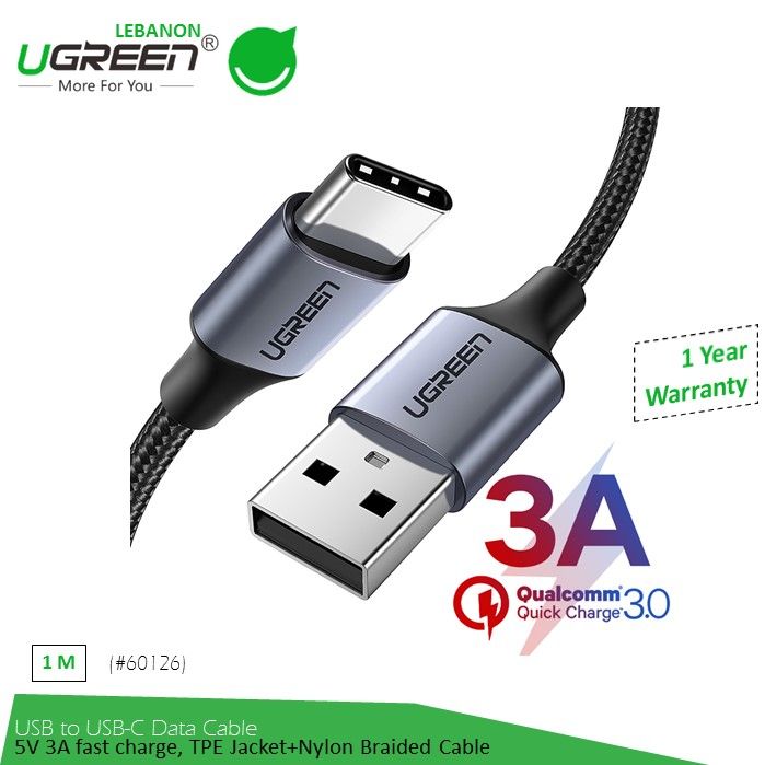 Ugreen, USB To USB-C 5V/3A Fast Cable Aluminum Braid (Black), Available in Different Sizes