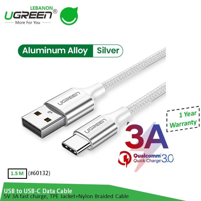 Ugreen, USB To USB-C 5V/3A Fast Cable Aluminum Braid 1.5M (White)