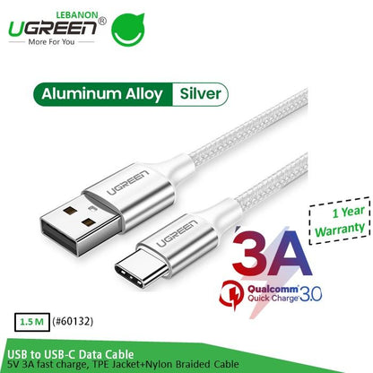 Ugreen, USB To USB-C 5V/3A Fast Cable Aluminum Braid 1.5M (White)