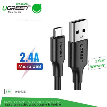 Ugreen, USB To Micro USB 2.4A Fast Charging Cable (Black), Available in Different Sizes