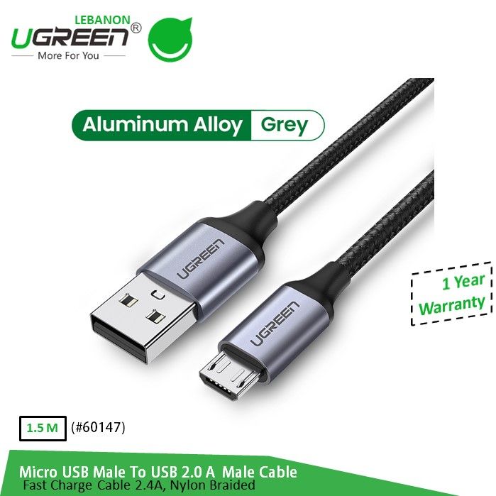 Ugreen, USB To Micro USB 2.4A Fast Cable Aluminum Braid 1.5M, Available in Different Colors