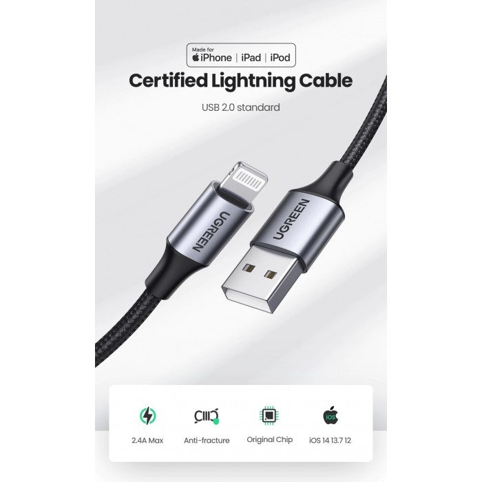 Ugreen, Mfi, Apple Certified 1.5M Cable Usb To Lightning 5V/2.4A - Nylon Braided & Aluminum Body Ugreen Us199 - 60157