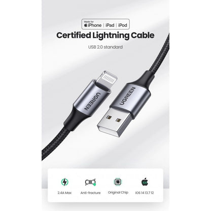 Ugreen, Mfi, Apple Certified 1.5M Cable Usb To Lightning 5V/2.4A - Nylon Braided & Aluminum Body Ugreen Us199 - 60157