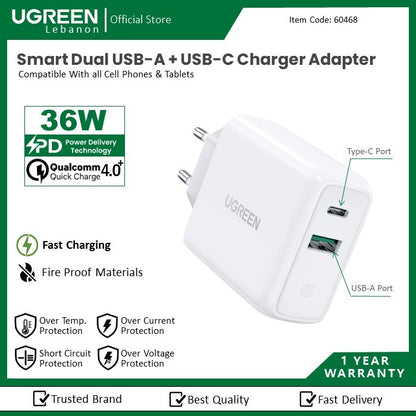 Ugreen, Pd 36W Dual Port Usb-A + Usb-C Cell Phone Wall Charger