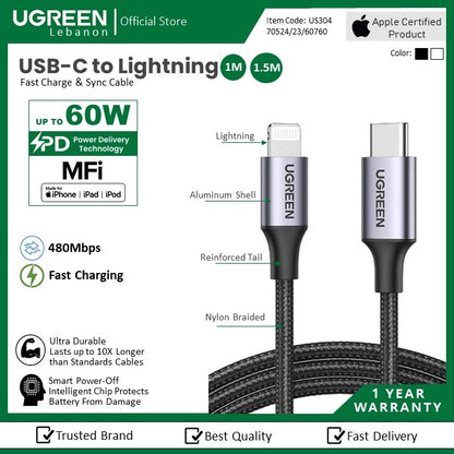 Ugreen, Mfi, Apple Certified 1M Cable Usb-C To Lightning Nylon Braided & Aluminum Body Ugreen Us304 - 60759