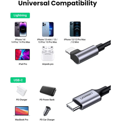Ugreen, Mfi, Apple Certified 1.5M Cable Usb-C To Angled Lightning Nylon Braided & Aluminum Body Ugreen Us305 -60764