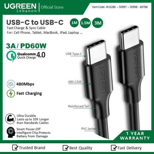 Ugreen, Usb-C To Usb-C Pd60W Fast Charge & Data Cable 3M Ugreen Us286 - 60788