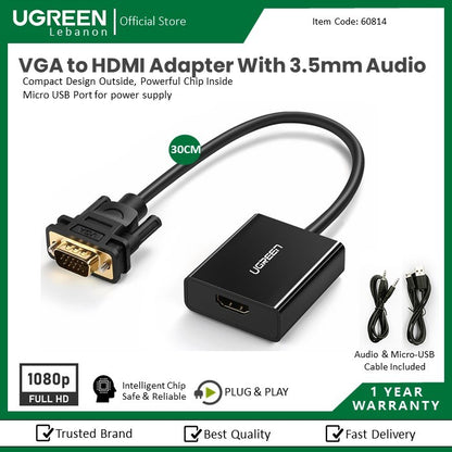 Ugreen, Vga To Hdmi Adapter Cable With 3.5Mm Audio, Full Hd