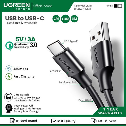 Ugreen, Usb To Usb-C 5V/3A Fast Charge & Data Cable Us287 - 60116 - 60117 - 60826