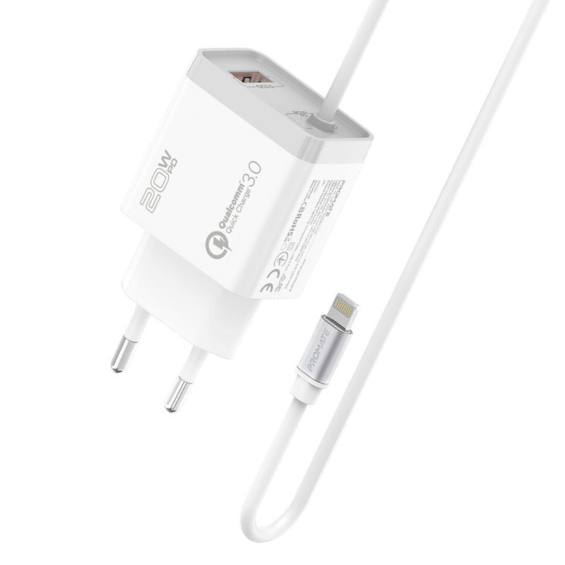 Promate, Wall Charging Adapter With Lightning Cable #Icharge-Pdqc3.Eu-Wt