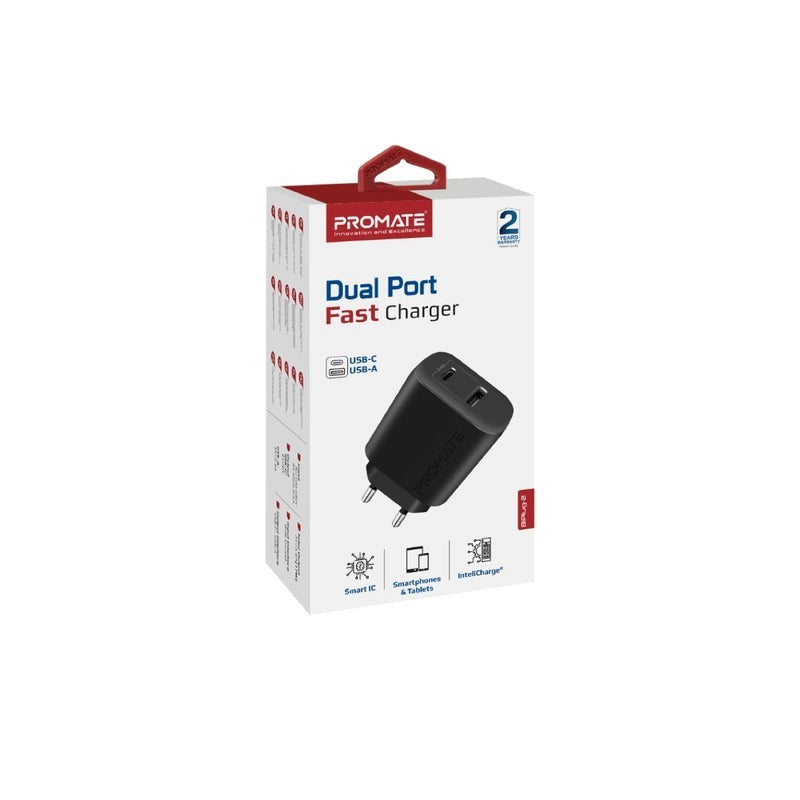 Promate, Dual Port Fast Charger Usb-C / Usb-A #Biplug-2.Eu-Black