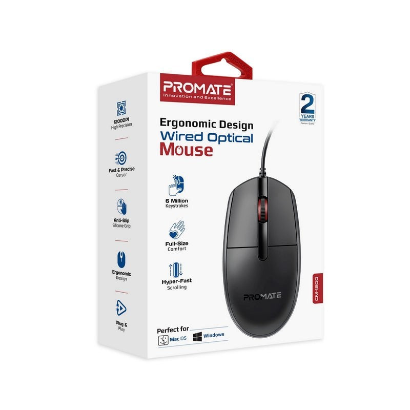 Promate, Wired Optical Mouse Ergonomic Design #Cm-1200 Black.