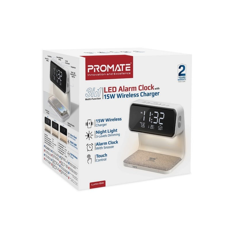 Promate, 3 In 1 Led Alarm Clock Wireless Charger 15W #Lumix-15W.White