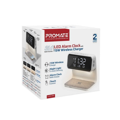Promate, 3 In 1 Led Alarm Clock Wireless Charger 15W #Lumix-15W.White