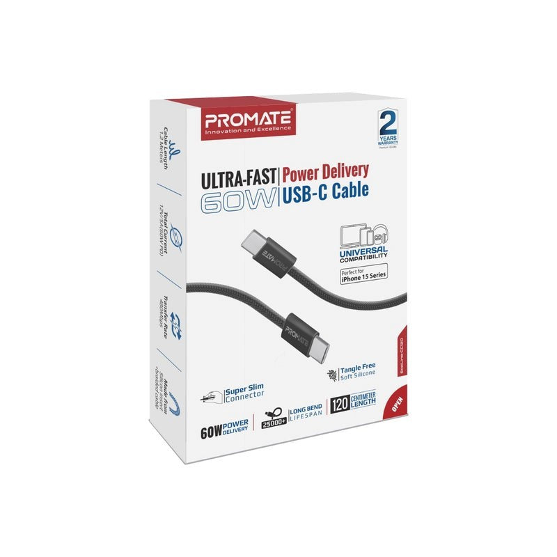 Promate, Usb-C Cable Ultra-Fast Power Delivery #Ecoline-Cc120, Available in Different Colors