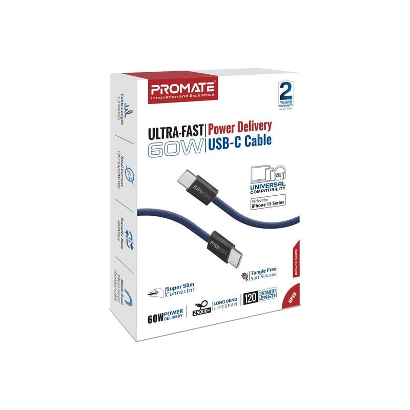 Promate, Usb-C Cable Ultra-Fast Power Delivery #Ecoline-Cc120, Available in Different Colors