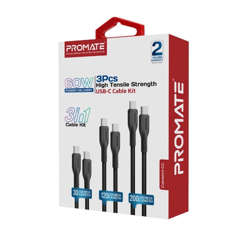 Promate, Usb-C Cable Kit 60W 3Pcs 3 In 1 Cable Kit #Cablekit-Cc Black