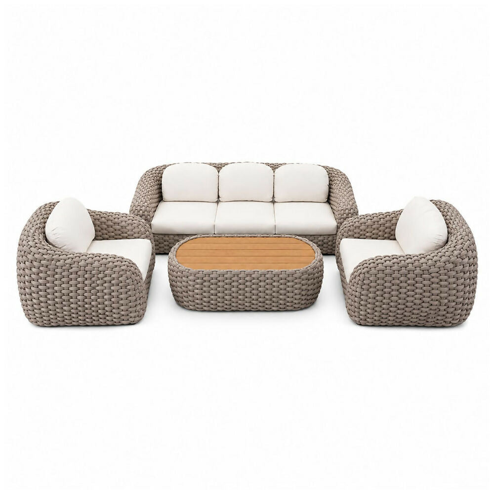RIVA Outdoor 4-Piece Set, Includes: 1 Three-Seater Sofa, 2 Armchairs, 1 Coffee Table, Beige - Natural Wood, XXX-RIVASET