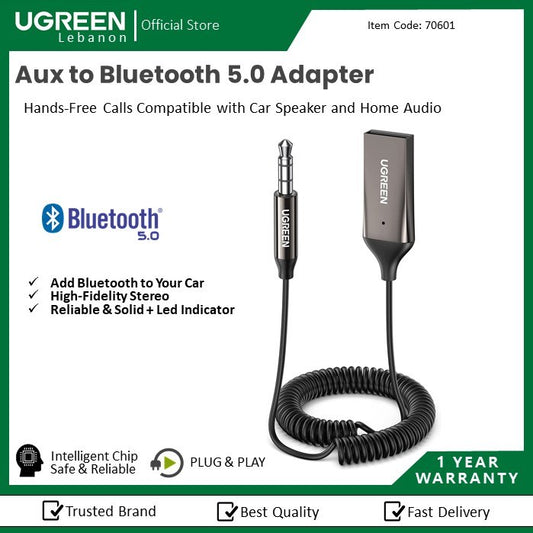 Ugreen, Bluetooth 5.0 Car Receiver Aux With Mic Cm309 - 70601