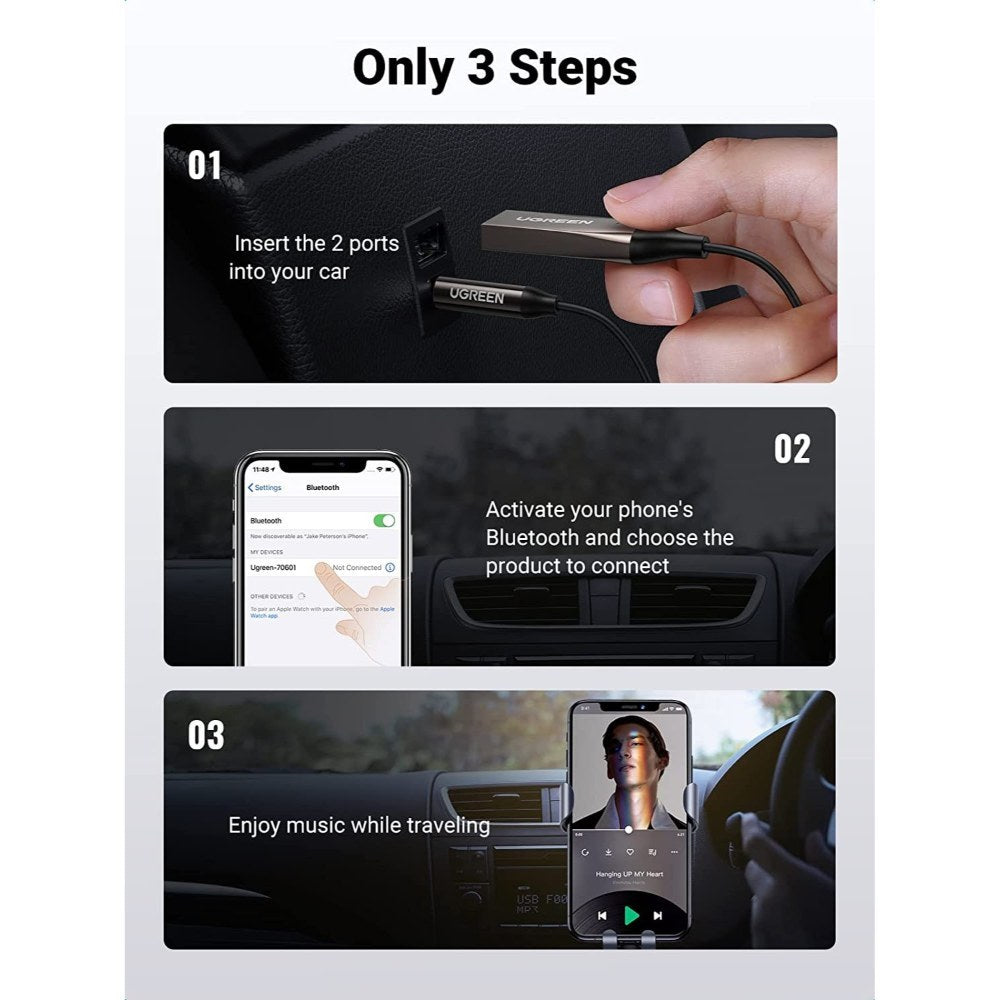 Ugreen, Bluetooth 5.0 Car Receiver Aux With Mic Cm309 - 70601