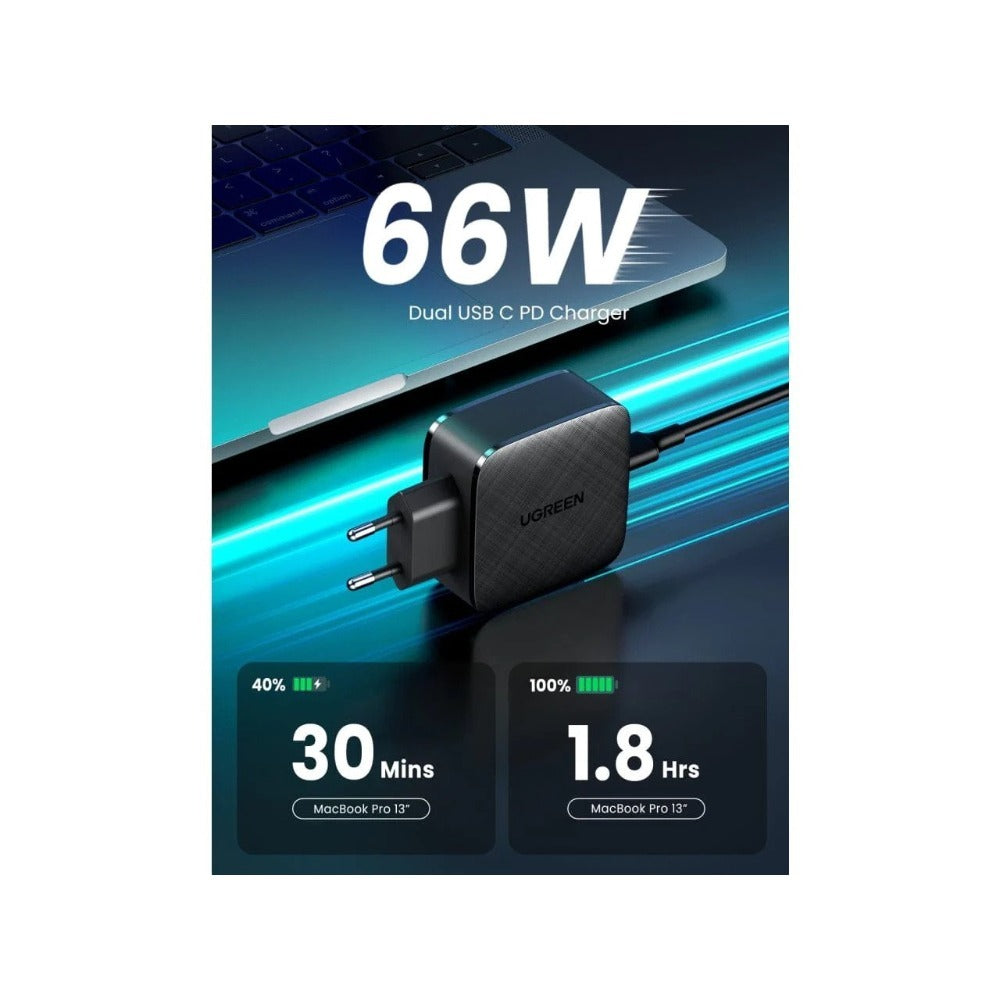 Ugreen, Pd 66W Dual Usb-C Gan Tech Charger For Phone, Macbook & Laptop Ugreen Cd216- 70867