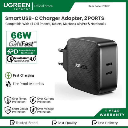Ugreen, Pd 66W Dual Usb-C Gan Tech Charger For Phone, Macbook & Laptop Ugreen Cd216- 70867