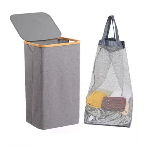 Foldable Laundry Basket With Lid And Bamboo Frame