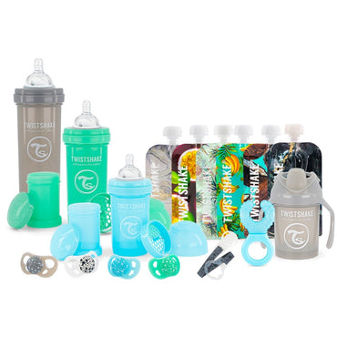 Twistshake, Bottle Bundle for Boys ( Blue/Green/Grey) promo pack. Anti-Colic Baby Bottle 180 mL, Anti-colic Baby Bottle 260 mL, Anti-colic Baby Bottle 330mL, 6x Squeeze Bags 220 mL, 2x Pacifier 6+ m, 2x Pacifier 0-6m, Mini Cup 230 mL, Teether Cooler, Paci