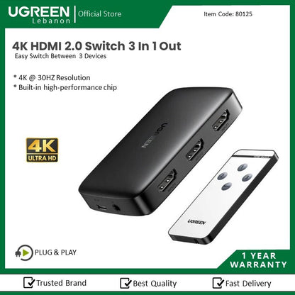 Ugreen, 4K Hdmi Switch 4 In 1 Out With Remote Control Ugreen Cm332 - 80125