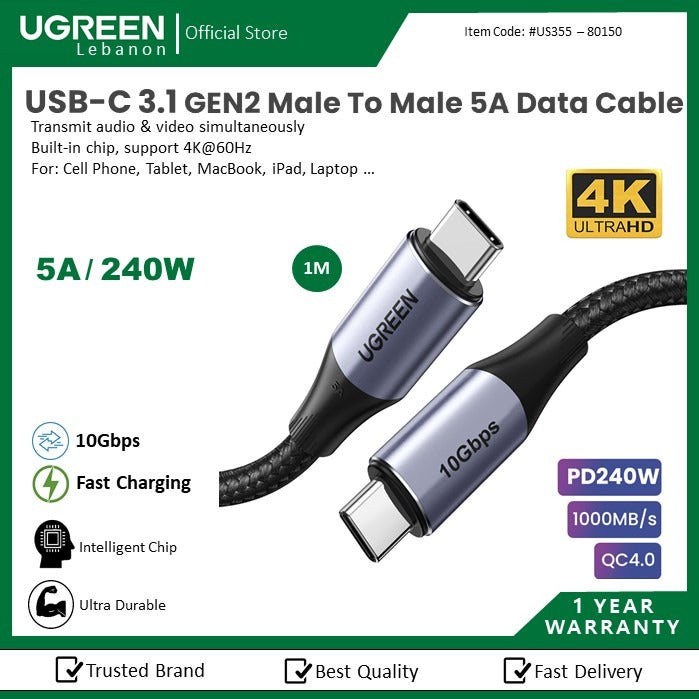 Ugreen, Usb-C 3.1 Gen2 Male To Male, Pd240W Fast Charge & Data Cable (10Gbps) - Nylon Braided & Aluminum Body Ugreen Us355 - 80150