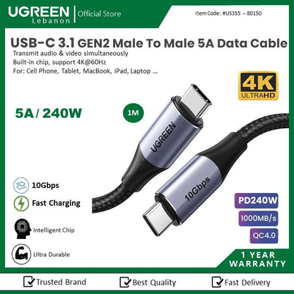 Ugreen, Usb-C 3.1 Gen2 Male To Male, Pd240W Fast Charge & Data Cable (10Gbps) - Nylon Braided & Aluminum Body Ugreen Us355 - 80150