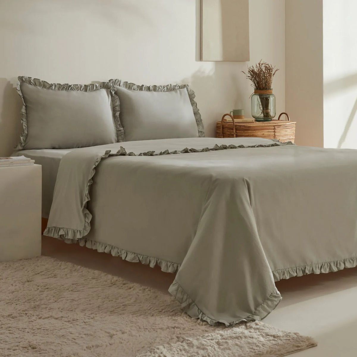 Karaca Home Pure Ruffle 100% Cotton King Size Duvet Cover Set – Sage, 200.22.05.0299