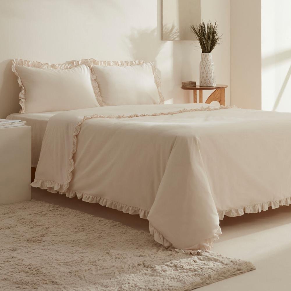 Karaca Home Pure Ruffle 100% Cotton King Size Duvet Cover Set ? Light Beige, 8680214362907