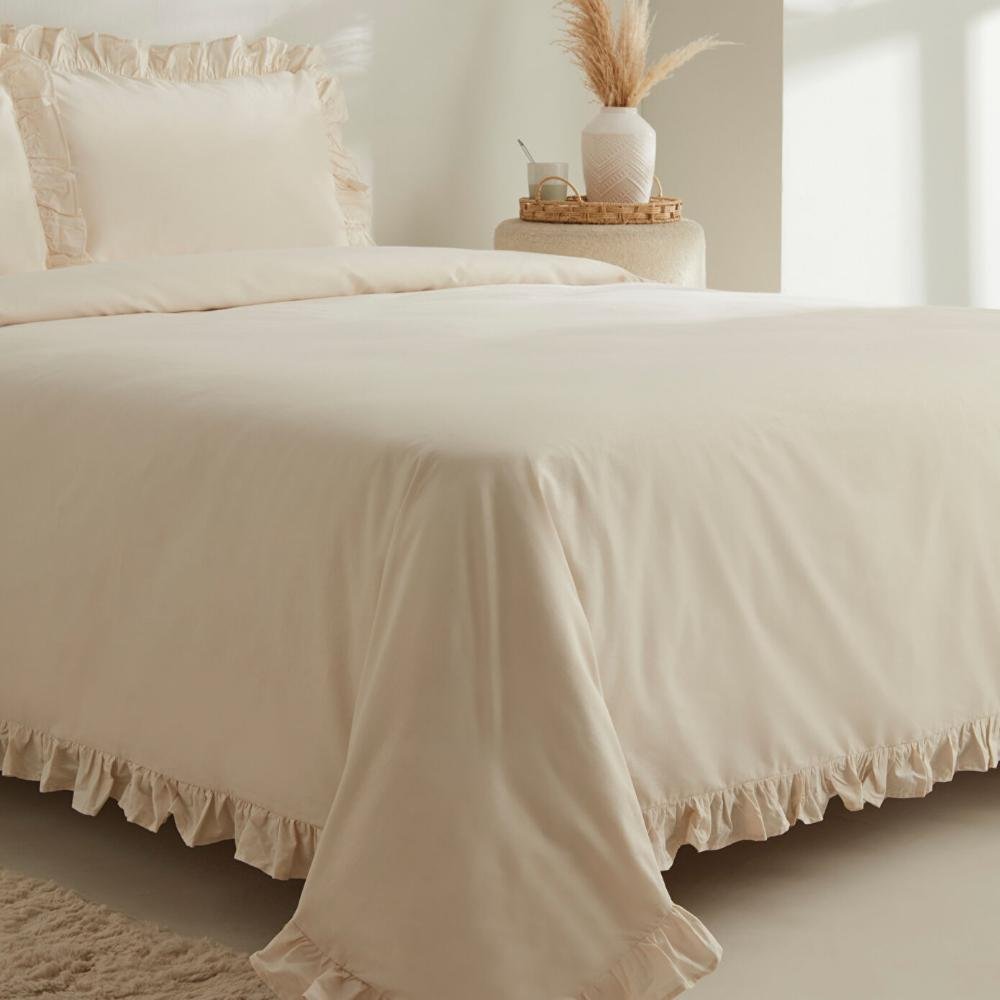 Karaca Home Pure Ruffle 100% Cotton King Size Duvet Cover Set ? Light Beige, 8680214362907
