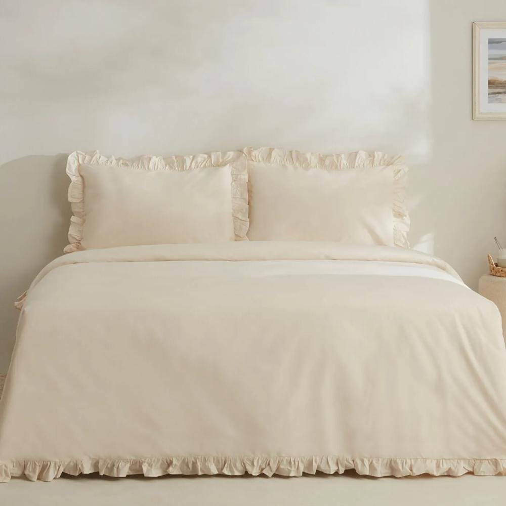 Karaca Home Pure Ruffle 100% Cotton King Size Duvet Cover Set ? Light Beige, 8680214362907