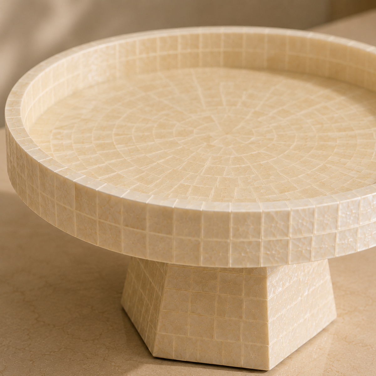Karaca Home Carrie Footed Decorative Plate – White Mosaic Design, 8680214399781
