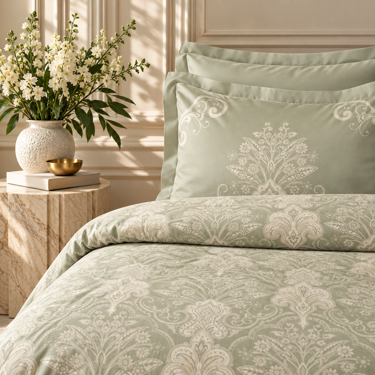 Karaca Home Holly 80 Thread Count 100% Cotton Satin Double Duvet Cover Set 200 × 220 cm – Mint, 8680214409992