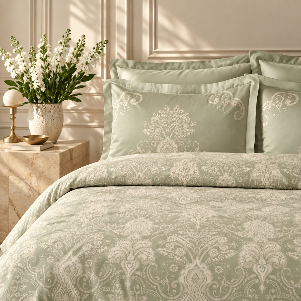 Karaca Home Holly 80 Thread Count 100% Cotton Satin Double Duvet Cover Set 200 × 220 cm – Mint, 8680214409992