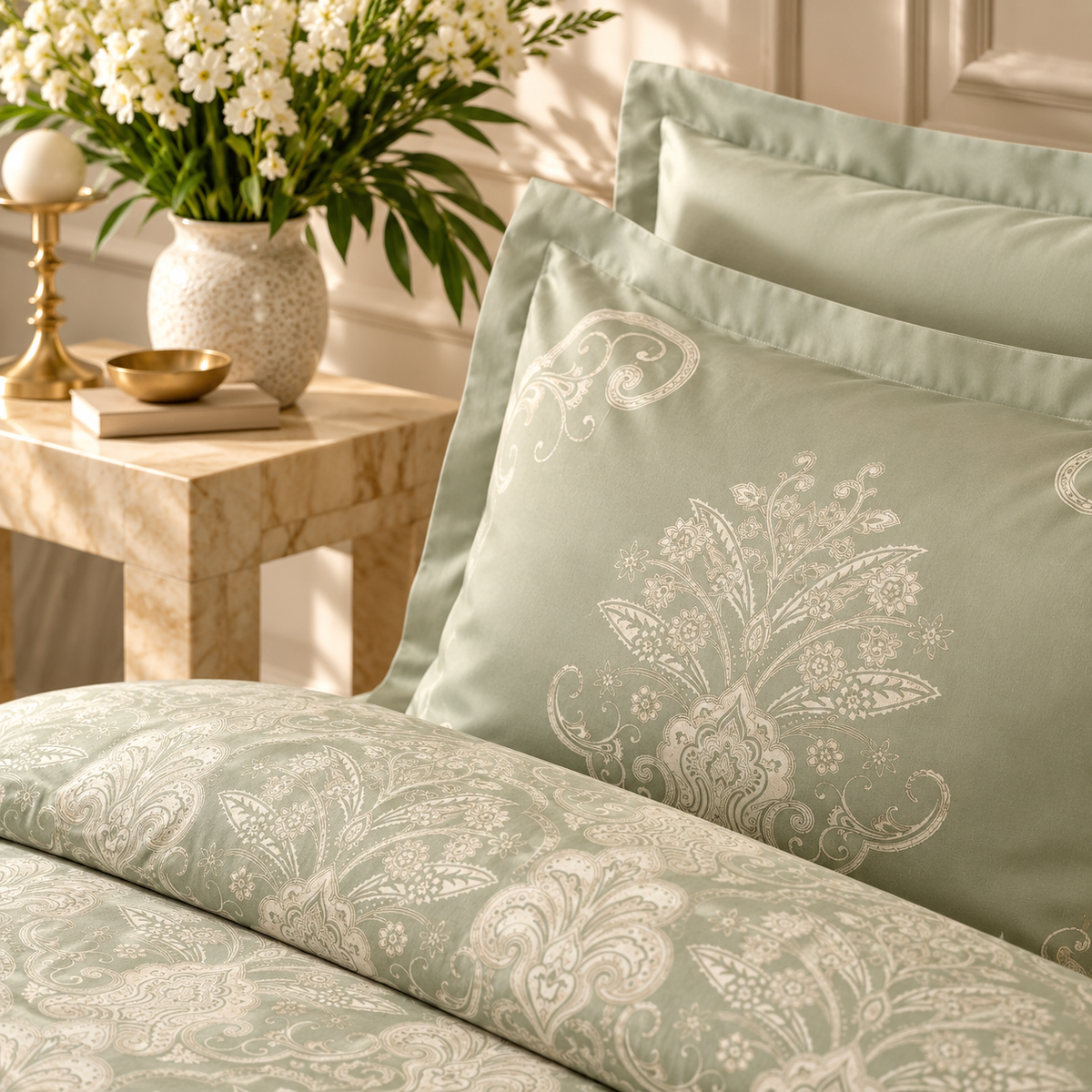 Karaca Home Holly 80 Thread Count 100% Cotton Satin Double Duvet Cover Set 200 × 220 cm – Mint, 8680214409992