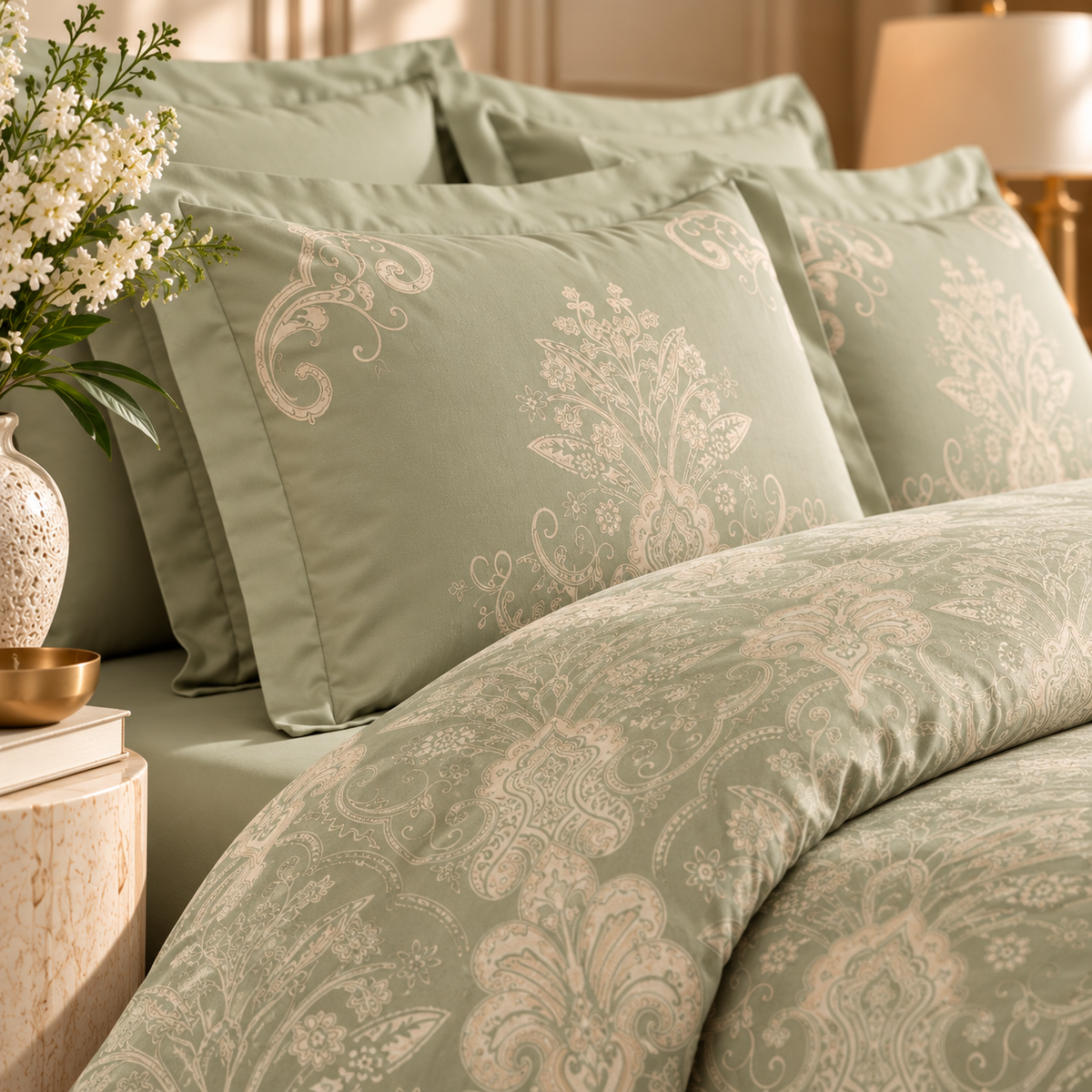 Karaca Home Holly 80 Thread Count 100% Cotton Satin Double Duvet Cover Set 200 × 220 cm – Mint, 8680214409992