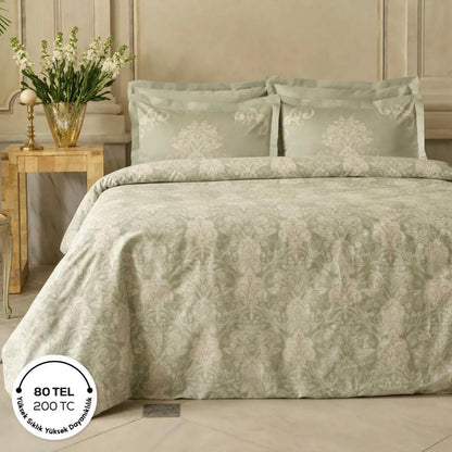 Karaca Home Holly 80 Thread Count 100% Cotton Satin Double Duvet Cover Set 200 × 220 cm – Mint, 8680214409992