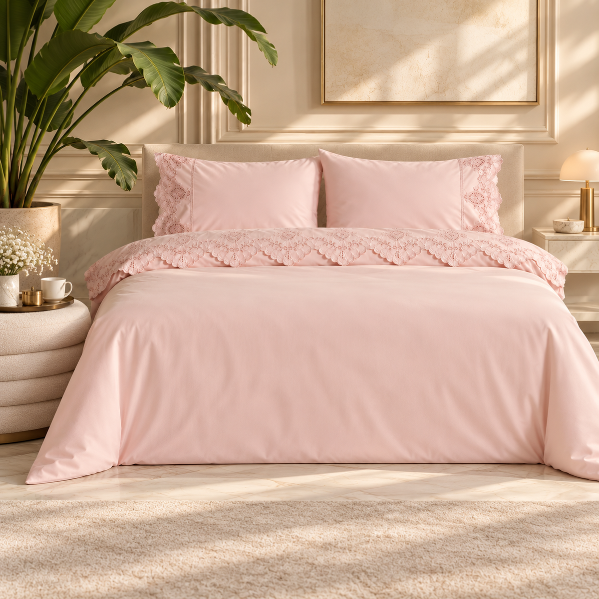 Karaca Home Chole Brodeli 100% Cotton Double Duvet Cover Set 200 × 220 cm – Powder, 8680214410707