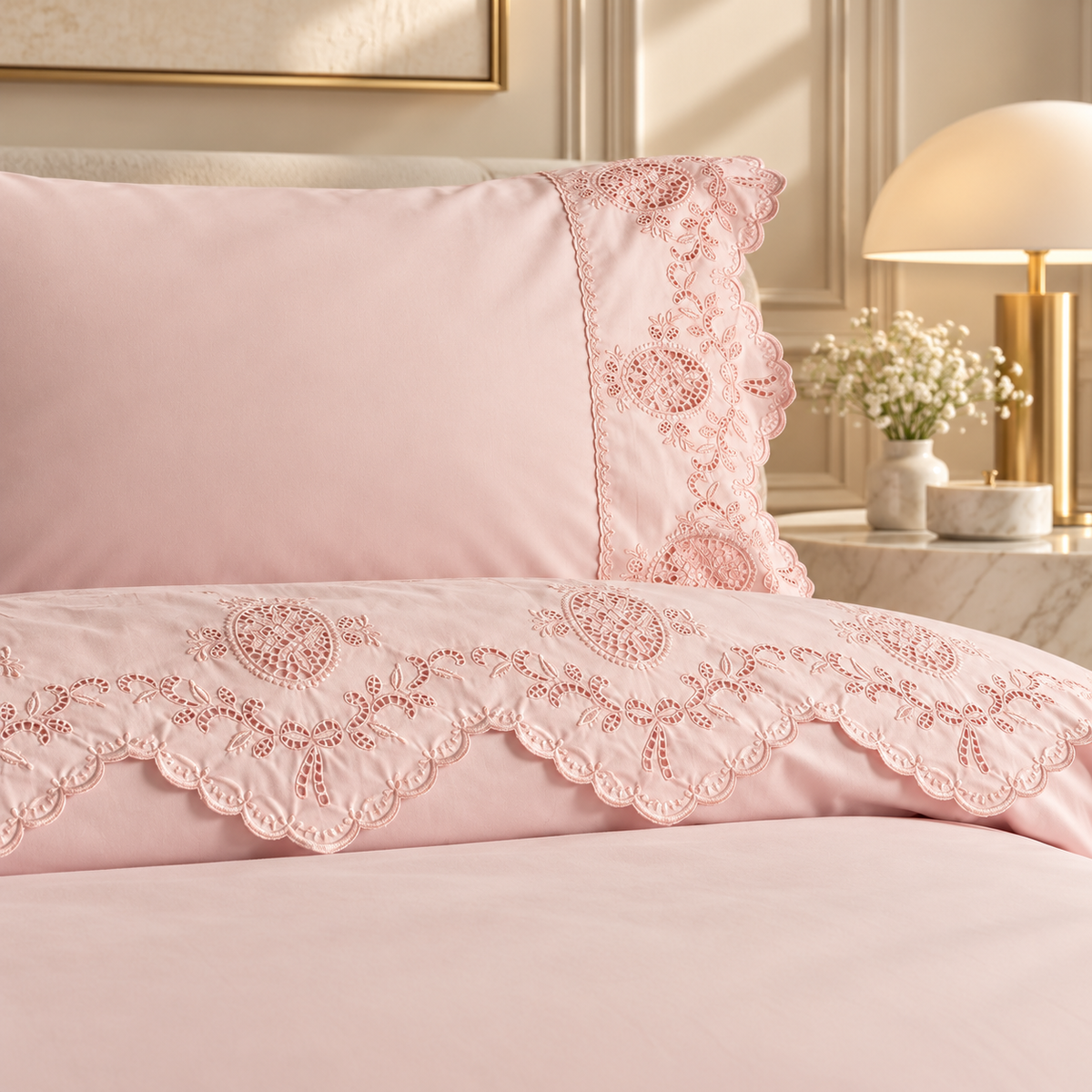 Karaca Home Chole Brodeli 100% Cotton Double Duvet Cover Set 200 × 220 cm – Powder, 8680214410707