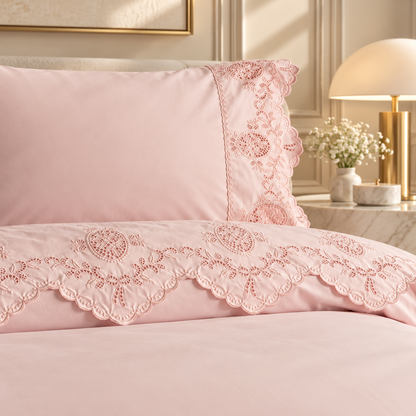 Karaca Home Chole Brodeli 100% Cotton Double Duvet Cover Set 200 × 220 cm – Powder, 8680214410707