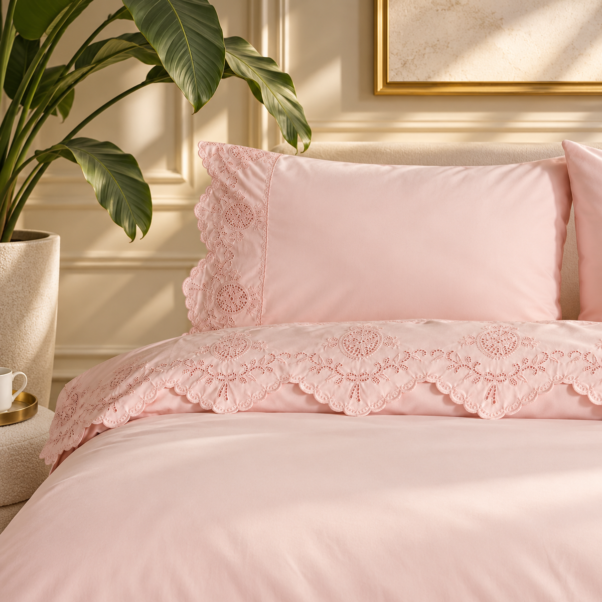 Karaca Home Chole Brodeli 100% Cotton Double Duvet Cover Set 200 × 220 cm – Powder, 8680214410707
