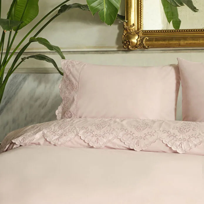 Karaca Home Chole Brodeli 100% Cotton Double Duvet Cover Set 200 × 220 cm – Powder, 8680214410707