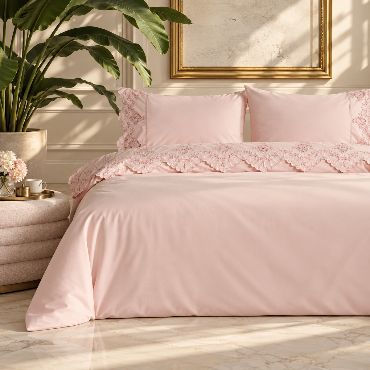 Karaca Home Chole Brodeli 100% Cotton Double Duvet Cover Set 200 × 220 cm – Powder, 8680214410707