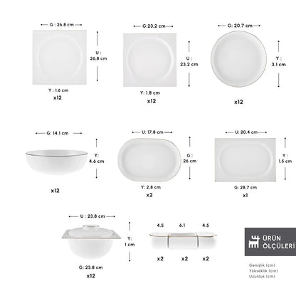 Karaca Red Carpet Collection Fine Pearl Extra Nish 62-Piece Dinner Set for 12 People, Platinum White, 153.03.08.4326