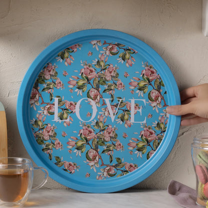 Karaca Love Metal Round Tray 35 cm - Blue Floral Decorative Serving Tray, 153.09.01.3986